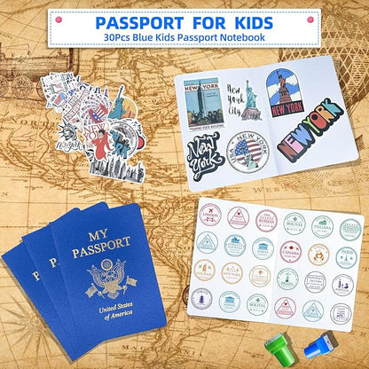 60 Pcs Blank Passport Notebook Blue Passport Book Fake Passport Travel Journal Sticker Collection Book for Kids School Projects World Travel Pretend Activity Party Favors, 5.51x3.9 Inch