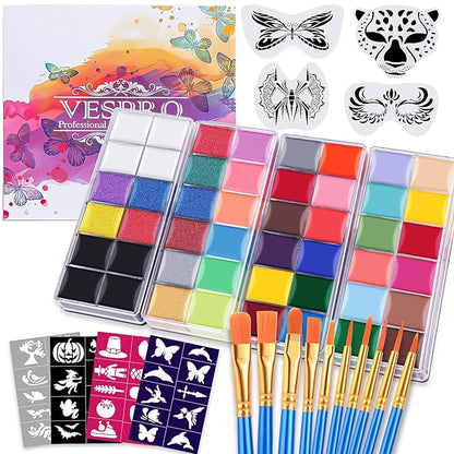 VESPRO Professional Face Body Paint Kit,42 Colors Oil Face&Body Paint Kit (26 Classic Colors+10 Metal Colors +6 UV Glow Colors) with 10 Size Brushes 4PCS Reusable Large Face Stencils and 4PCS Small Paint Stencils for Kids’ and Adults’ Halloween Makeup