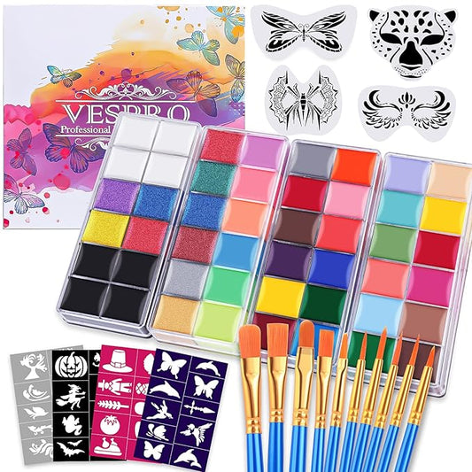 VESPRO Professional Face Body Paint Kit,42 Colors Oil Face&Body Paint Kit (26 Classic Colors+10 Metal Colors +6 UV Glow Colors) with 10 Size Brushes 4PCS Reusable Large Face Stencils and 4PCS Small Paint Stencils for Kids’ and Adults’ Halloween Makeup