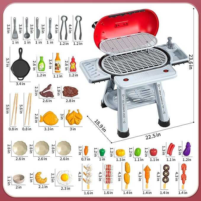 Kids BBQ Grill Playset for Kids Ages 4-8, Play Kitchen Toys with Smoke & Light for Boys Ages 3 4 5 6 7, 2-Layer Barbecue Toys Play Food Set, Indoor Outdoor Cooking Toy for Boys Girls 3-5