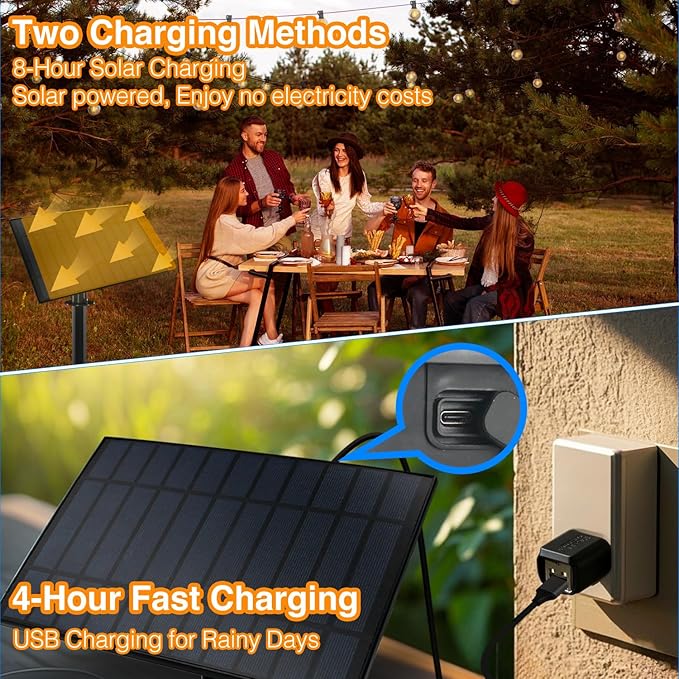 DAYBETTER 50FT Solar String Lights Outdoor Waterproof with 5W Panel Long Last for 20+Hrs&Remote,25 LED Bulbs Dimmable&Timer,Patio Lights 3 Installation-Clips,Stakes&Nails for Outside Porch Garden