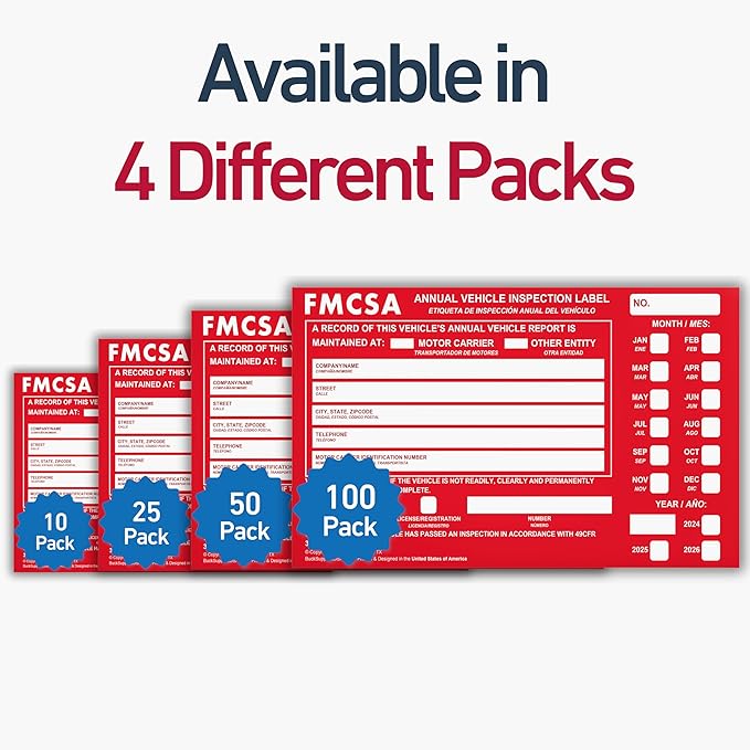 25 Pack Buck Aluminum Annual Vehicle Inspection Label with Punch Boxes, 2 Mil Red FMCSA Self Adhesive Sticker, DOT Compliant, Weatherproof, Tear Resistant, Easy to Write On, 6" x 3.5" - Made in USA