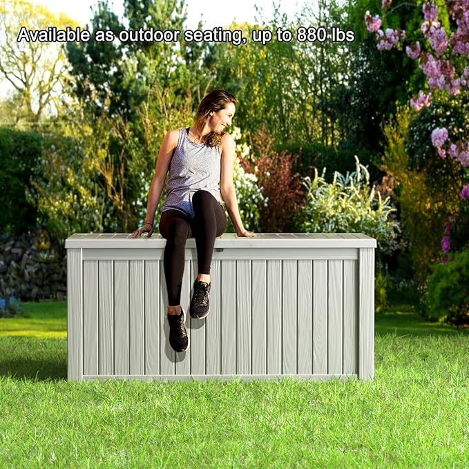 150 Gallon Deck Box,Resin Outdoor Storage Box with Lockable for Patio Furniture, Pool Accessories, Garden Tools Waterproof Outside Storage Box, Grey