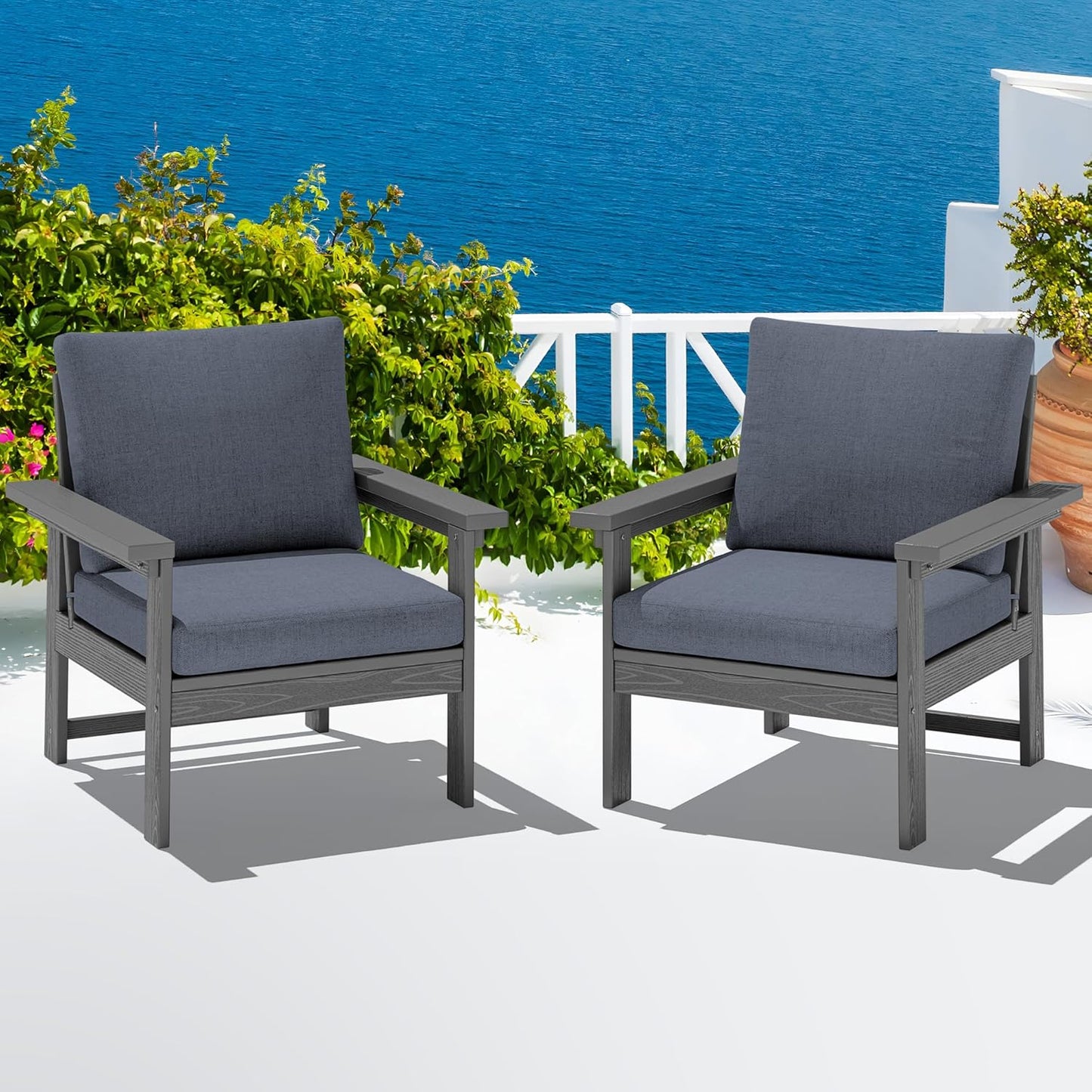 SERWALL Outdoor Patio Sofa Set, 2-Piece HDPE Single Seat Outdoor Sofa Chair with Padded Cushions, Gray Frame with Gray Cushion