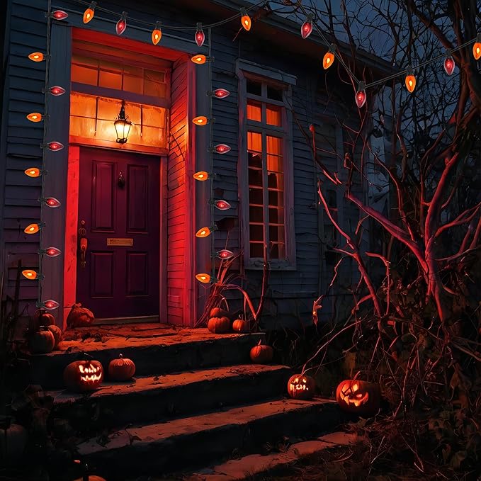 Halloween Decorations Lights Outdoor, 25Ft C7 Halloween Orange Purple String Lights with 25 Flickering Flame Bulbs, Connectable Outdoor Halloween Flame Lights for Indoor Garden Party Patio Yard Decor