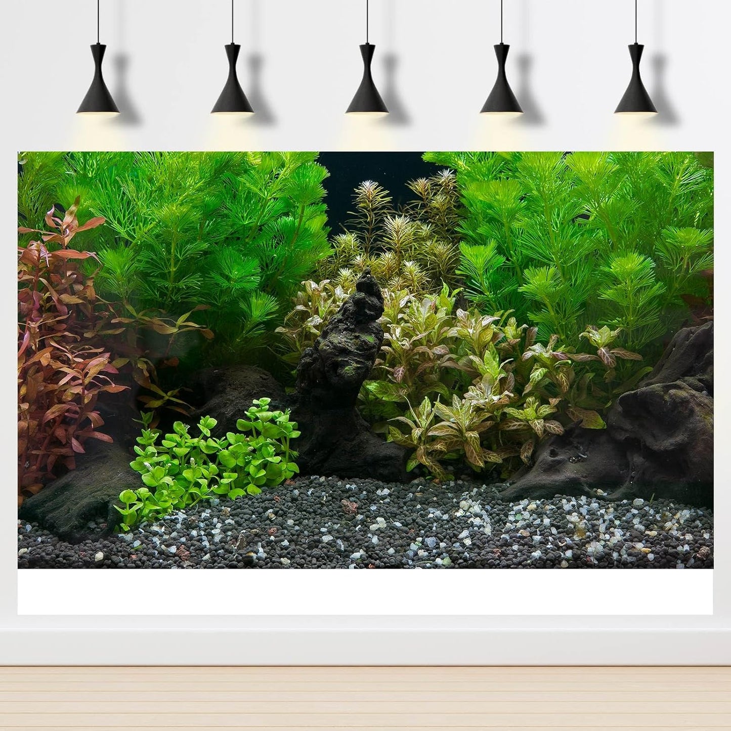 Aquarium Background Exquisite Underwater Grass Leaves with Pebbles Aquarium Backdrop Vivid Green Aquatic Plant Stone with Dead Woods and Fresh Leaves Fish Tank Wallpaper 72x18in