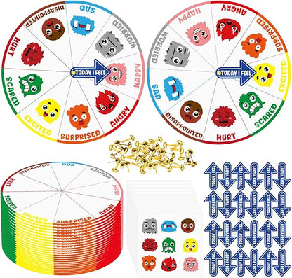 Cinrobiye 24 Set Social Emotional Learning Activities Skills Explore Emotions Wheel with Faces Emotion Matching Cards Feelings Wheel for Preschool Counseling Office Must Haves Therapy Game (Wheel)