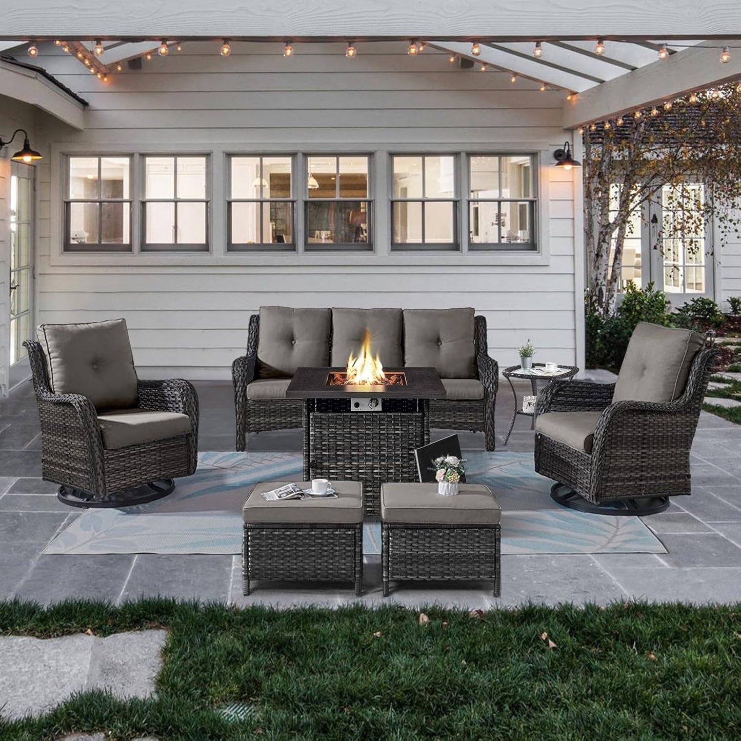 Outdoor Patio Furniture Set with 50000BTU Propane Fire Pit Table, 7 Pieces Wicker Patio Conversation Set with 2 Swivel Glider Rocker Chair Rattan Sofa Grey Cushion Perfect for Casual Gathering