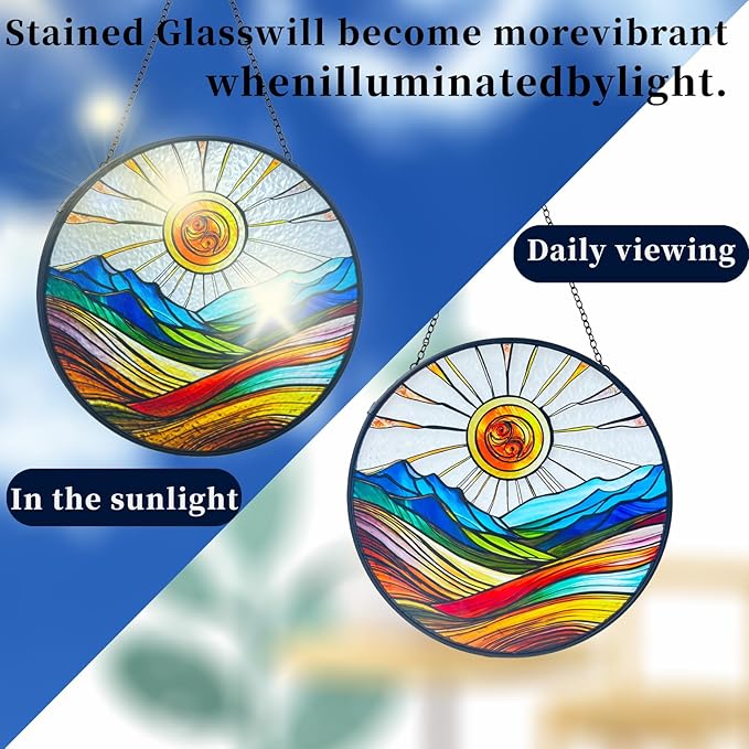 Artistic Colorful Sunrise Stained Glass Suncatcher - Window Wall Hanging Ornament Hand-Painted Glass Panel Sun Catcher - Decoration for Home Garden Christmas Party Wedding Housewarming Gifts