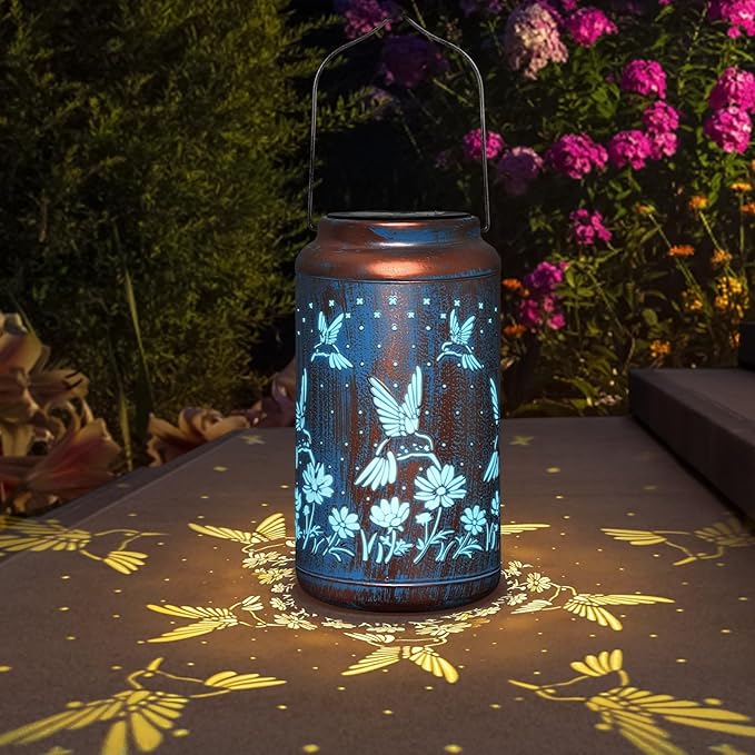 pearlstar Hummingbird Lantern Solar Hanging Lights Outdoor Decorative Solar Lantern Waterproof for Table Patio Yard Garden Lawn Landscape Lighting, Gardening Gifts for Women Men，Hummingbird-Blue