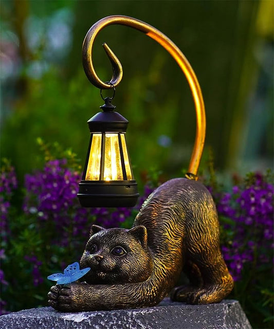 Solar Cat Garden Statue for Outdoor: Outside Sculptures Decor for Art Patio Balcony Yard Lawn – Unique Birthday Gift for Women Mom Grandma