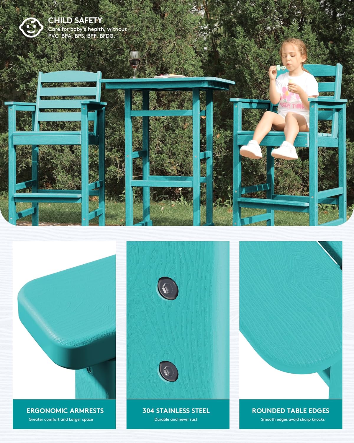 SERWALL Balcony Adirondack Chairs and Table 3 Pieces Set, Adirondack Bar Height Chairs Set of 2 and Bar Table, Outdoor Bar Stools Set for Bistro, Poolside, Backyard, Aruba