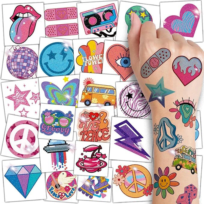 Glitter Groovy 70s Temporary Tattoos for Kids - 74 Individually Sheets Glitter Retro Flower Power, Smiley Decorations Tattoos Stickers for Boys Girls Party Supplies
