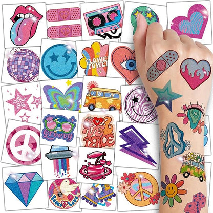 Glitter Groovy 70s Temporary Tattoos for Kids - 74 Individually Sheets Glitter Retro Flower Power, Smiley Decorations Tattoos Stickers for Boys Girls Party Supplies