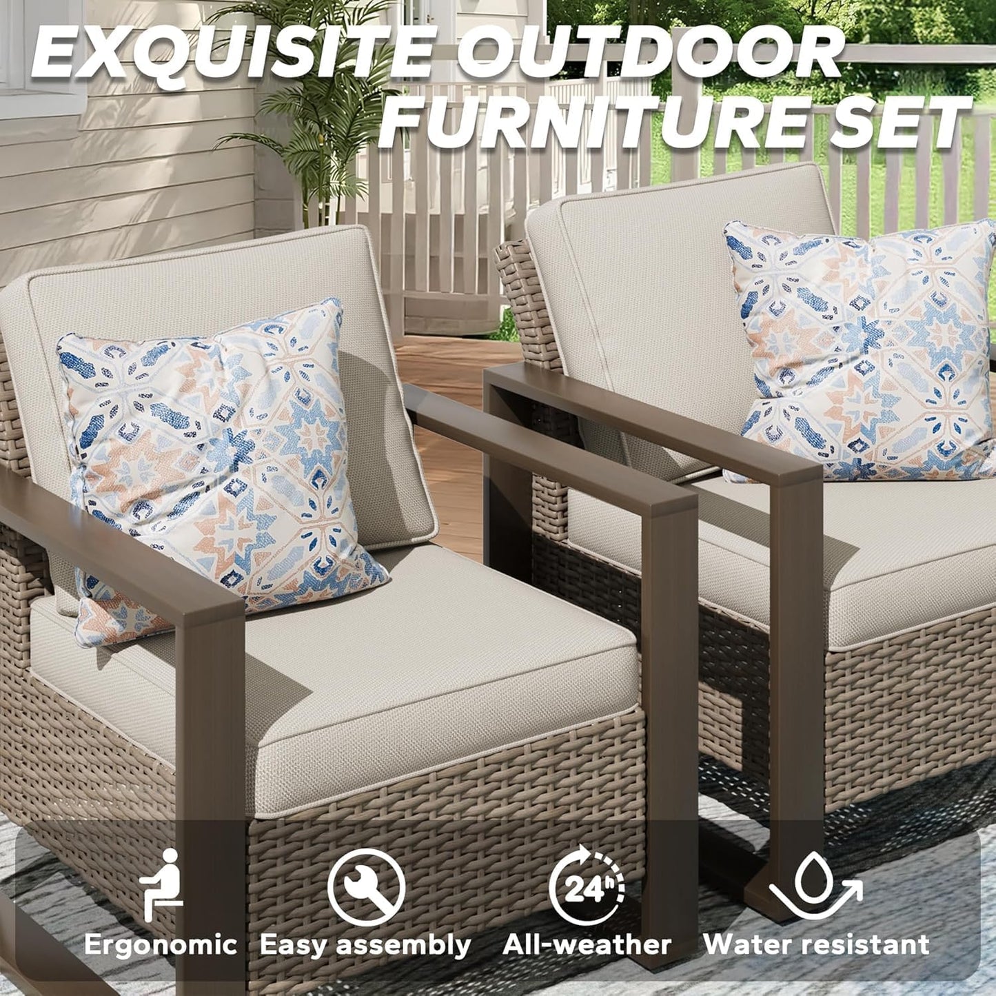 Patio Metal Wicker Chairs Set of 2, All Weather Outdoor Rattan Dining Chairs with Rectangular Framed Wood-Looking Metal Armrest & Fade-Resistant Cushions for Deck Balcony Backyard, Beige