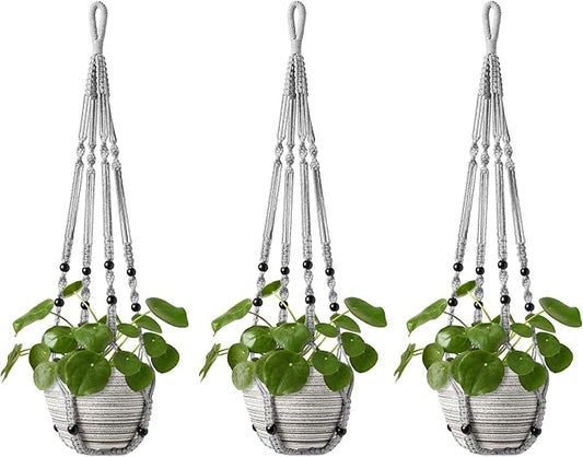 Mkono Macrame Plant Hanger Indoor Hanging Planter Basket with Wood Beads Decorative Flower Pot Holder No Tassels for Indoor Outdoor Boho Home Decor 35 Inch, Gray, Set of 3 (POTS NOT Included)