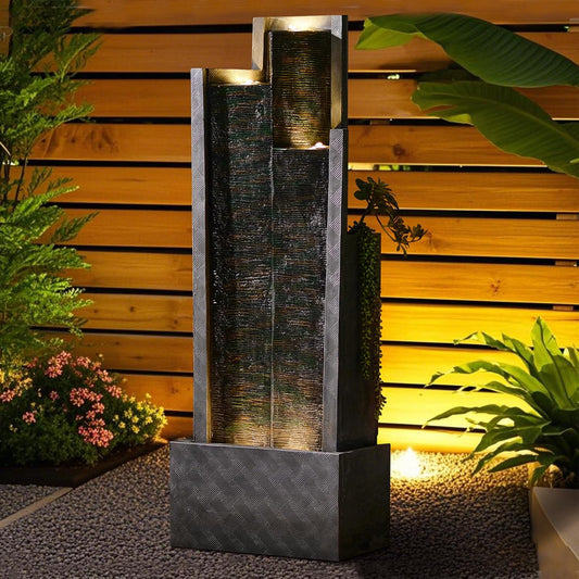 49.6" H Garden Fountains Outdoor Modern Cascading Indoor Water Fountain Tall Floor - Standing Fountain with Lights for Garden, Patio, Yard, Deck and Home Art Decor
