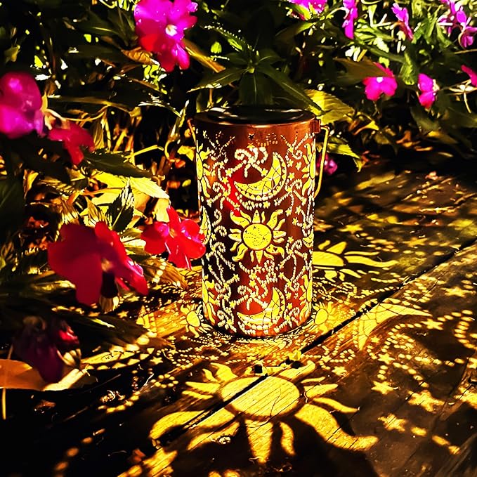 Solar Lanterns Outdoor Hanging Lantern Lights,Sun Moon Metal Decor Lanterns-Waterproof LED Decorative Light for Garden Patio Yard Lawn Backyard Front Porch as Gifts for Mom Grandma Women