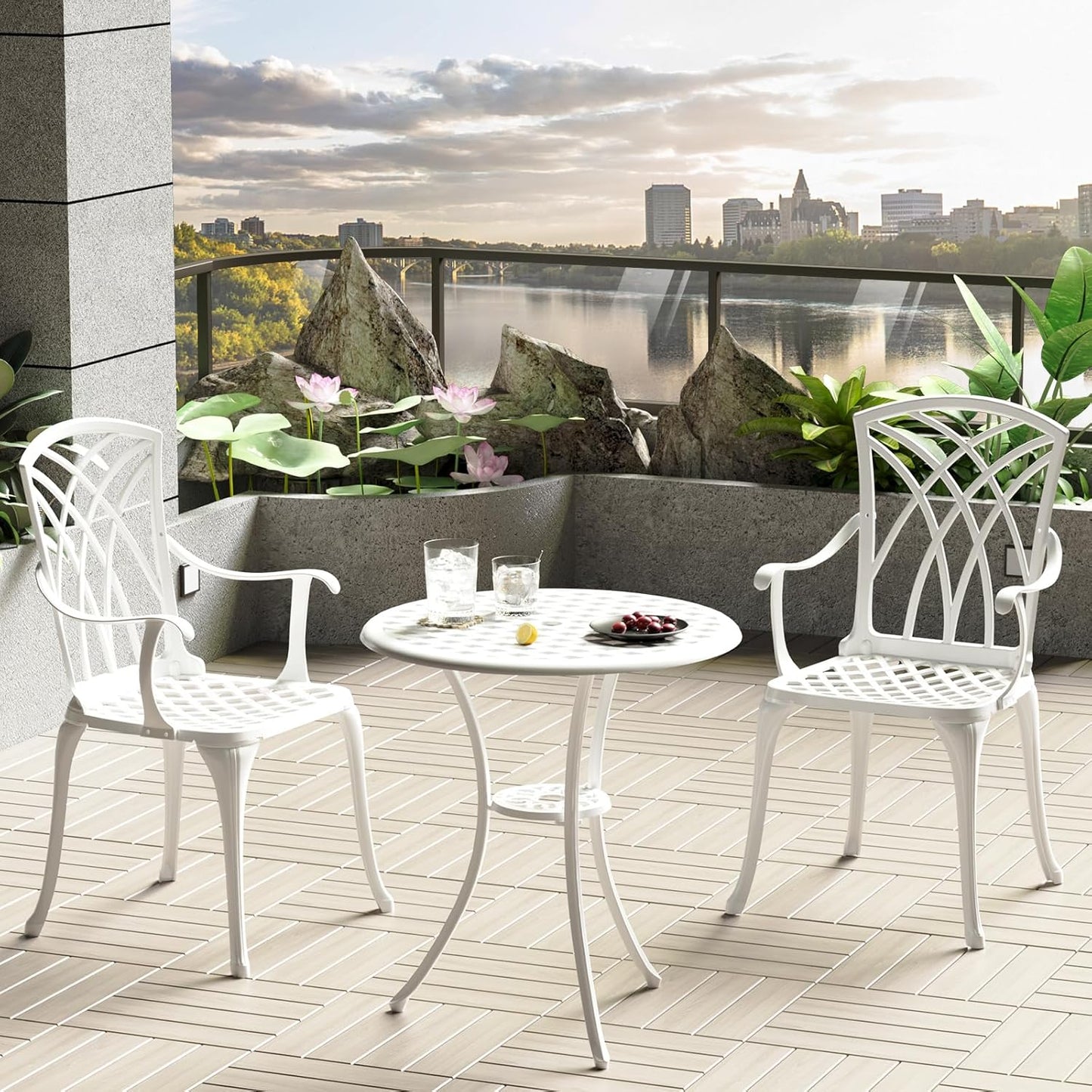 Patio Bistro Set 3 Piece, Cast Aluminum Bistro Set for 2 w/Umbrella Hole, Outdoor Table and Chairs Set of 2, Bistro Set for Balcony/Backyard/Garden, White
