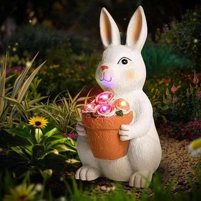 Brightever Solar Powered Outdoor Garden Statues- Rabbit with Flowers and 5 Colorful LED Lights, 11.8IN Outdoor Figurine Lights, Solar Garden Bunny Statue for Easter Decor, Gifts for Mom, Housewarming
