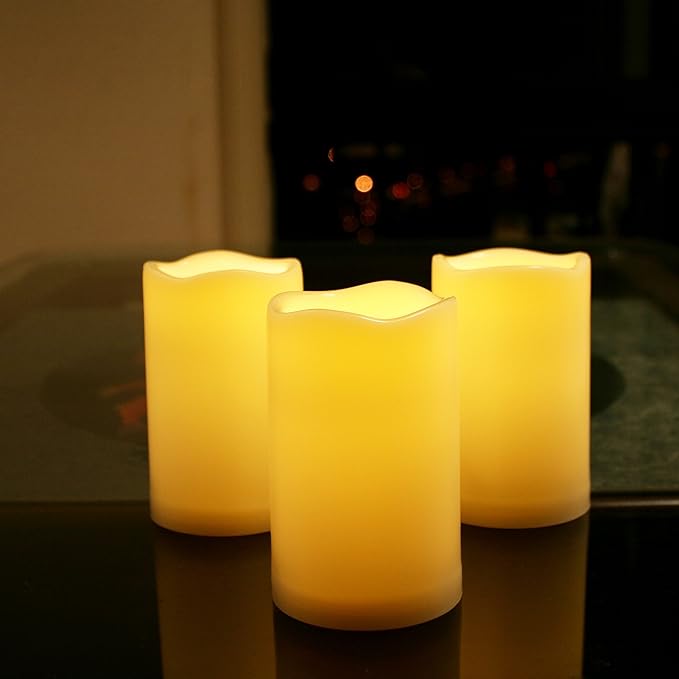 iZAN 3-Pack Outdoor Flameless LED Battery Operated Candles with Remote Waterproof Flickering Electric Pillar Candles for Halloween Chirstmas Home Wedding Party Festival Décor Long Battery Life 3”x6”