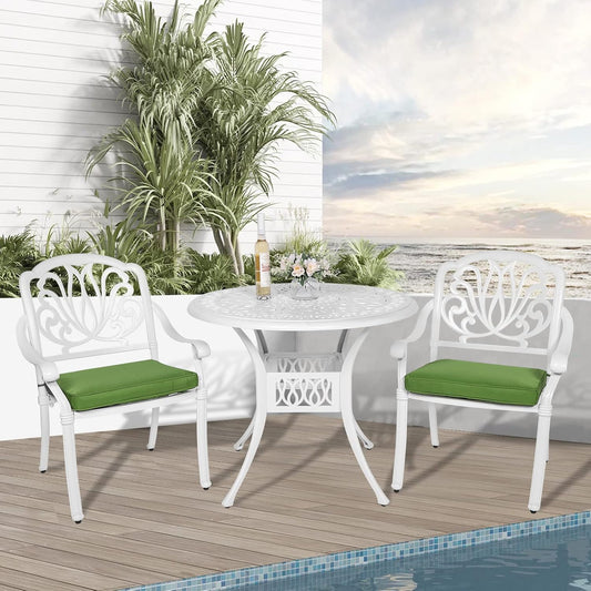 3-Piece Outdoor Patio Dining Set, All-Weather Cast Aluminum Patio Furniture Set for Backyard Garden Deck with 2 Cushioned Chairs and 35.4” Round Table, 2" Umbrella Hole, White