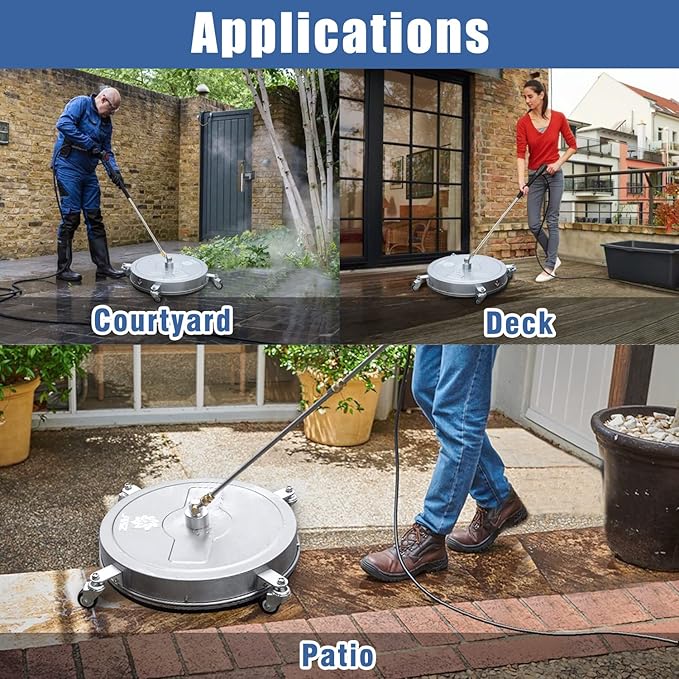 JANZ 20'' Pressure Washer Surface Cleaner with 4 Wheels, Stainless Steel Housing, 1/4" Quick Plug, 2 Extension Wands, 2 Replacement Nozzles and 3 Spray Nozzles, 4000 PSI