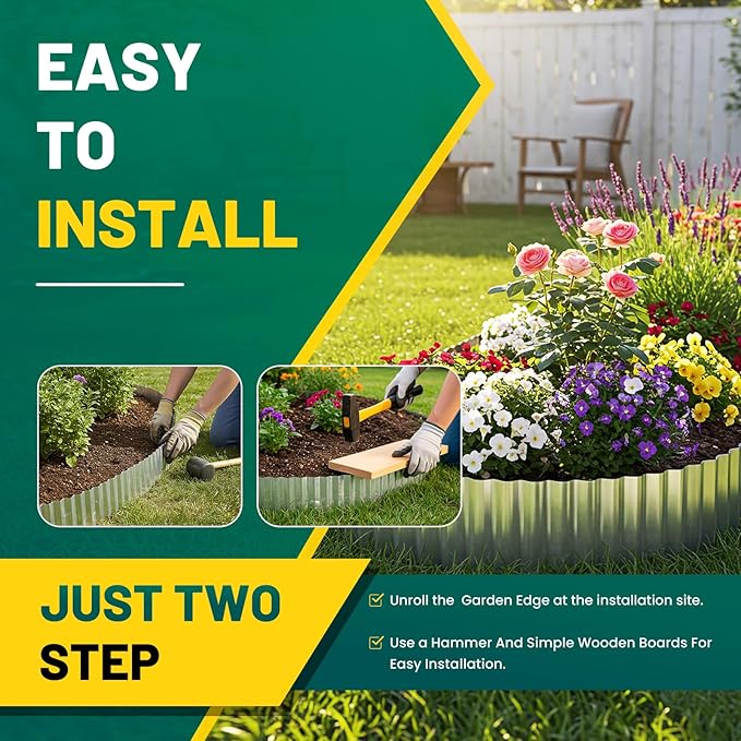 Corrugated Metal Garden Edging, 8"×10Ft Durable Landscape Border for Garden, Lawn, Flower Beds and Paver Edging (Silver)