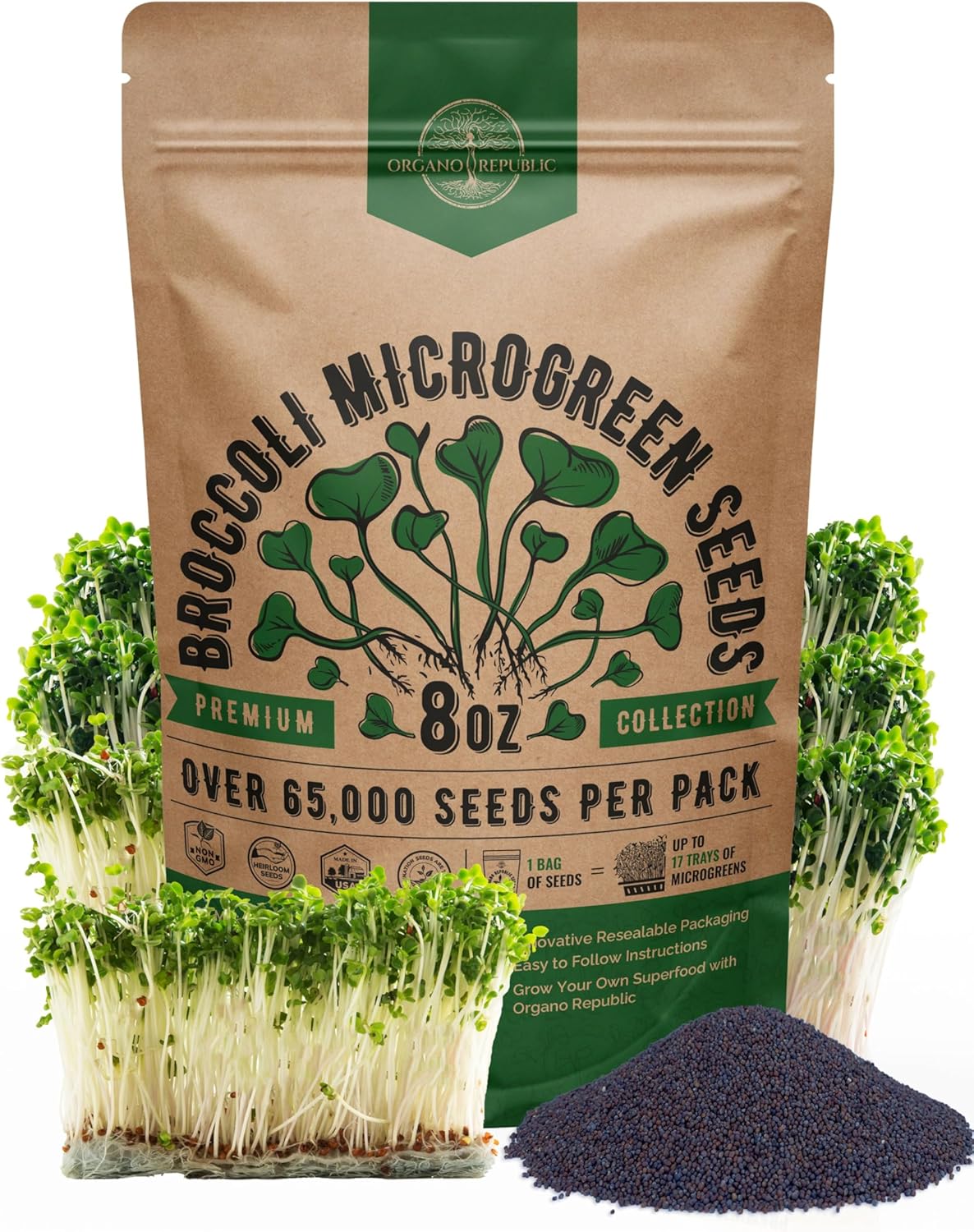 Organo Republic Broccoli Sprouting & Microgreens Seeds - 65,000 Non-GMO Heirloom Seeds, Sprouts in Bulk 8oz Resealable Bag for Planting & Growing in Soil, Coconut Coir, Aeroponic & Hydroponic System