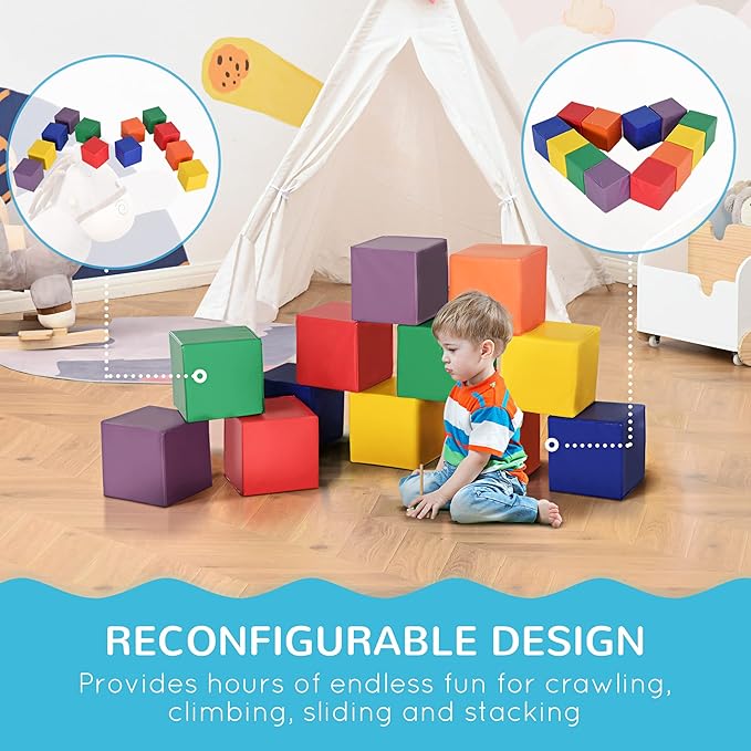 Soozier 12 Piece Soft Play Blocks, Soft Foam Toy Building and Stacking Blocks Compliant Learning Toys for Toddler Baby Kids Preschool