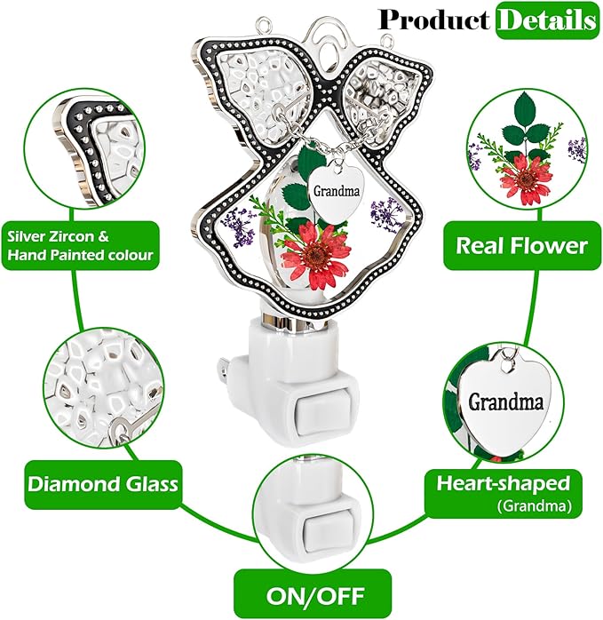 KY&BOSAM Night Light Grandma Stained Glass Angel Night Lights Plug Into Wall with Real Flower in Glass and Metal Charm Night Light for Nursery Bedroom Bathroom Accent Lite Elegant Home Decoration