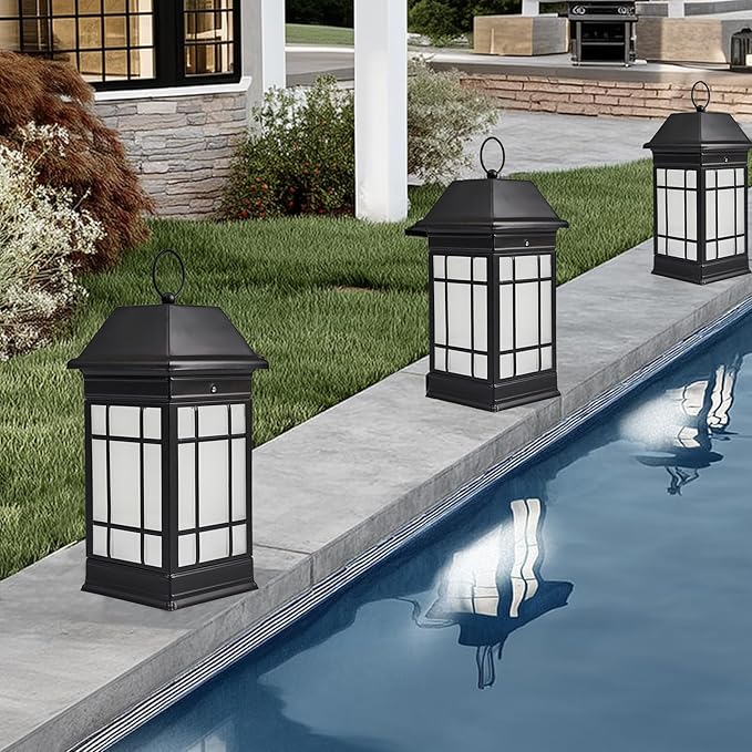 14" Solar Lantern Outdoor Waterproof, Glass Flickering Flame Solar Lanterns, Hanging Metal Lantern Decorative for Patio Front Porch Garden Backyard Tabletop Mothers Day Gifts Mom