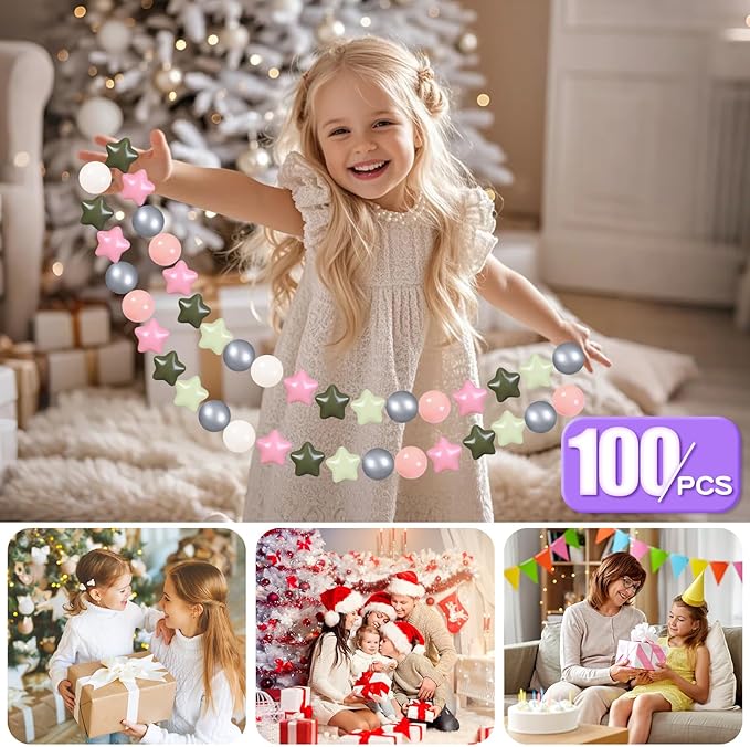 GOGOSO Ball Pit Balls for Toddlers Phthalate-Free BPA-Free Non-Toxic Crush Proof Soft Plastic Play Balls Baby Kids Shape Tent Pool Playhouse Playpen Party Decor,Stars Pink+Green+White Netural,100PCS