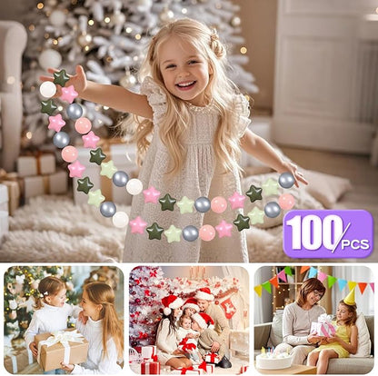 GOGOSO Ball Pit Balls for Toddlers Phthalate-Free BPA-Free Non-Toxic Crush Proof Soft Plastic Play Balls Baby Kids Shape Tent Pool Playhouse Playpen Party Decor,Stars Pink+Green+White Netural,100PCS