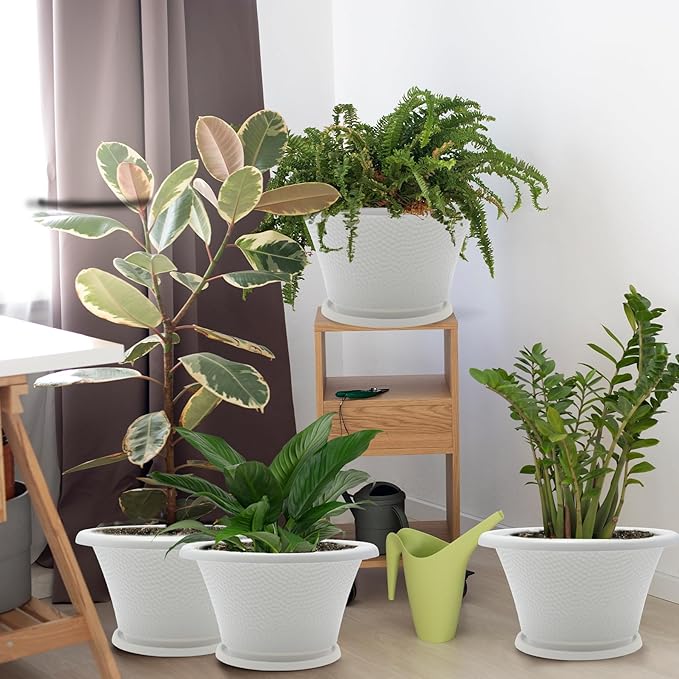 Quarut 12 Inch Plant Pot,4 Pack Large pots for Plants,Flower Pots with Drainage Hole & Saucer,Modern Planters for Indoor Outdoor Plants,Decorative Resin Garden Pots,White