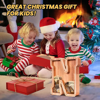 KMC Wooden Letter Piggy Bank, Personalized Initial Piggy Bank for Kids Boys, Clear Alphabet N Wood Money Box, Unbreakable Coin Saving Jar, Birthday, for Children