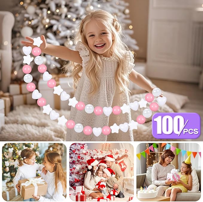 GOGOSO Pink Ball Pit Balls with Star Bals Heart Balls 100 - Crushproof Plasticballs for Babies Toddlers Kids Children for 1 2 3 4 5 Years Old,5 Colors,2.15inches