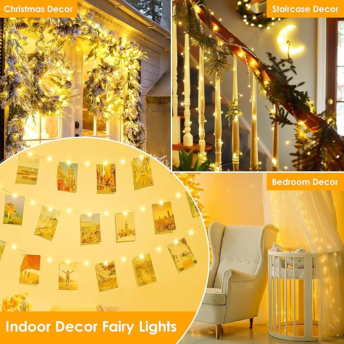 66Ft 200 LED Fairy Lights Plug in, Waterproof String Lights Outdoor & Indoor 8 Modes Christmas Light Bedroom Decor, Timer Twinkle Lights for Girl's Room Garden Party Christmas Decorations (Warm White)
