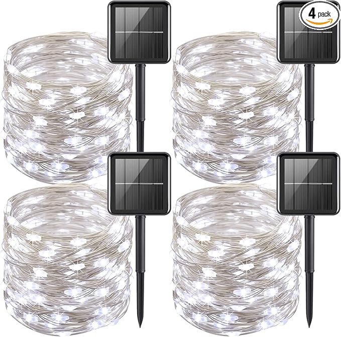 YEGUO White Solar Fairy Lights Outdoor Waterproof, 4 Pack Each 33ft 100 LED String Light, 8 Modes Silver Wire Twinkle Lights
