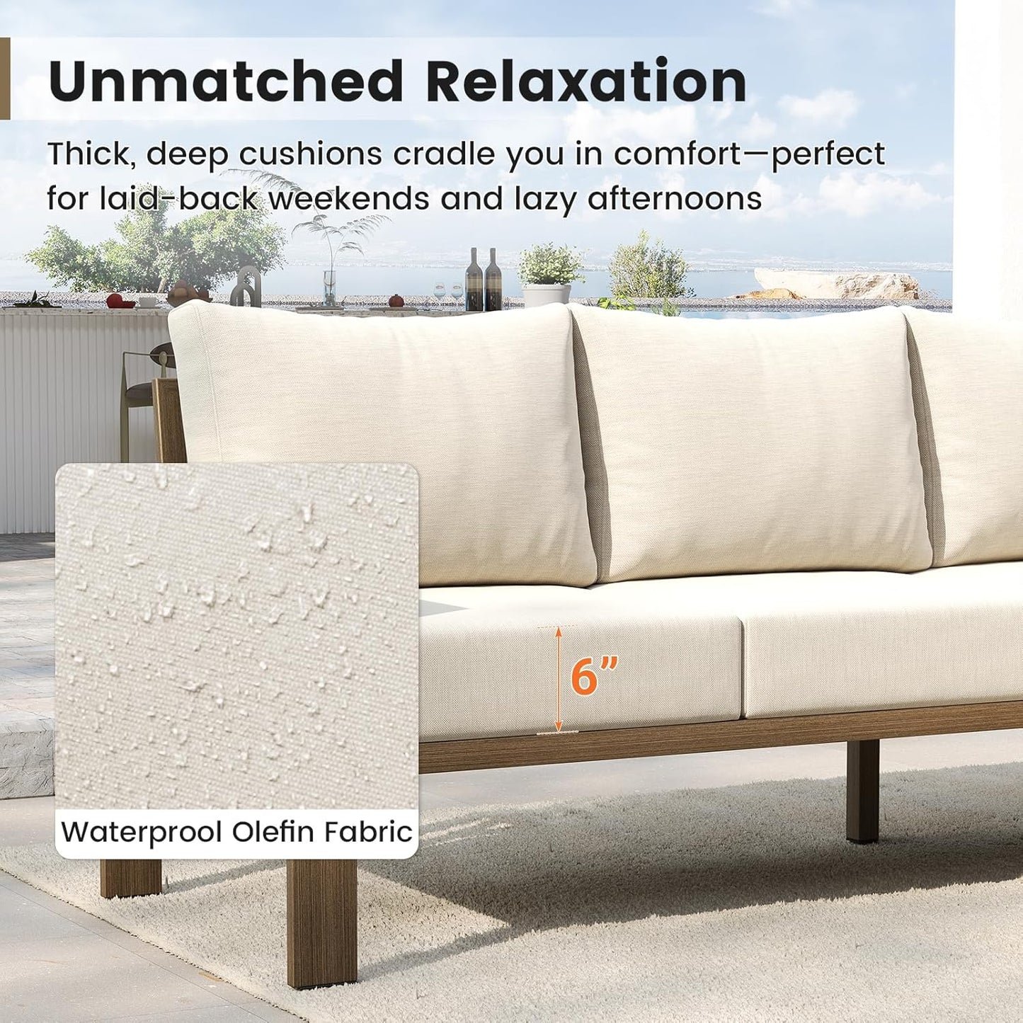 UDPATIO 6 Piece Patio Furniture Set, Faux Wood Metal Outdoor Sectional Sofa with 6" Thick Olefin Cushions, Wide Armrest & Coffee Table, L Shaped Outdoor Furniture for Garden, Backyard Beige