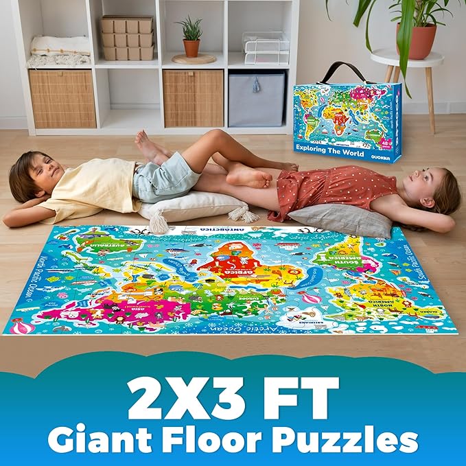 QUOKKA Giant Floor Puzzle for Kids Ages 4-6 – 2x3 Feet Extra-Thick 48 Pieces Toddler Puzzle Ages 3-5 – World Map Educational Activity for Boys Girls – Premium Box with Sturdy Handle & Magnetic Closure