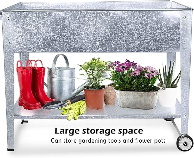 Raised Planter Box with Legs Outdoor Standing Elevated Garden Bed On Wheels for Vegetables Herb Patio Apartment, Galvanized