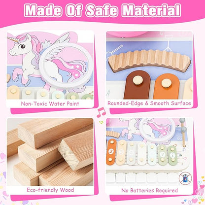 Kids Piano Musical Toys - 5 in 1 Wooden Music Instruments Montessori Toys for Baby Toddler, Sensory Toys with Drum Xylophone, Preschool Educational Toys, Birthday Gifts for Girls Boys Pink