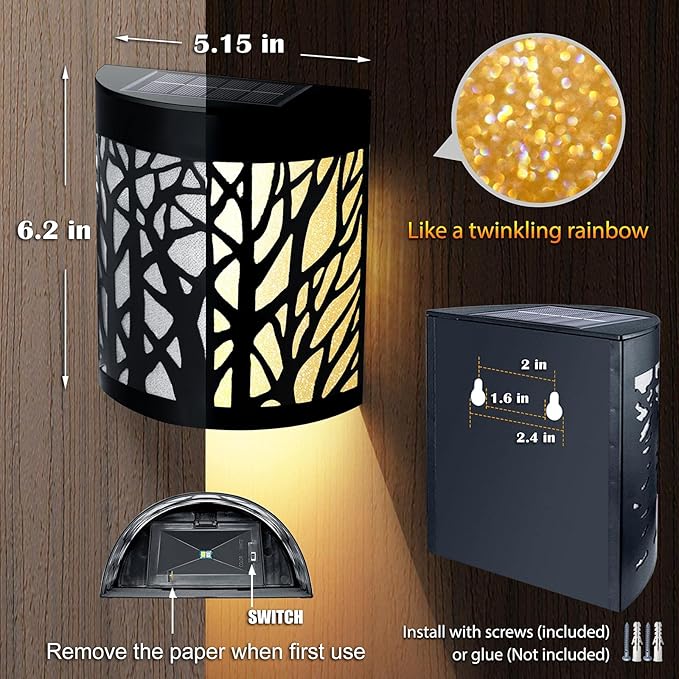 DenicMic Solar Wall Lights Outdoor Wall Sconce Fence Lighting for Patio Front Door Yard Deck Stair Led Forest Decorative Lamps, Waterproof, Warm White/Color Changing (2 Pack)