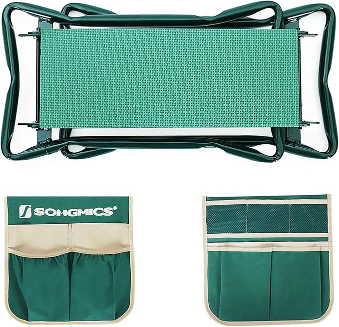 SONGMICS Garden Kneeler and Seat, Multifunctional Garden Kneeling Bench, Gardening Gifts for Women Men, Folding Gardening Stool, with 2 Tool Bags, 6-Inch Wide Kneeling Pad, Dark Green UGGK50L