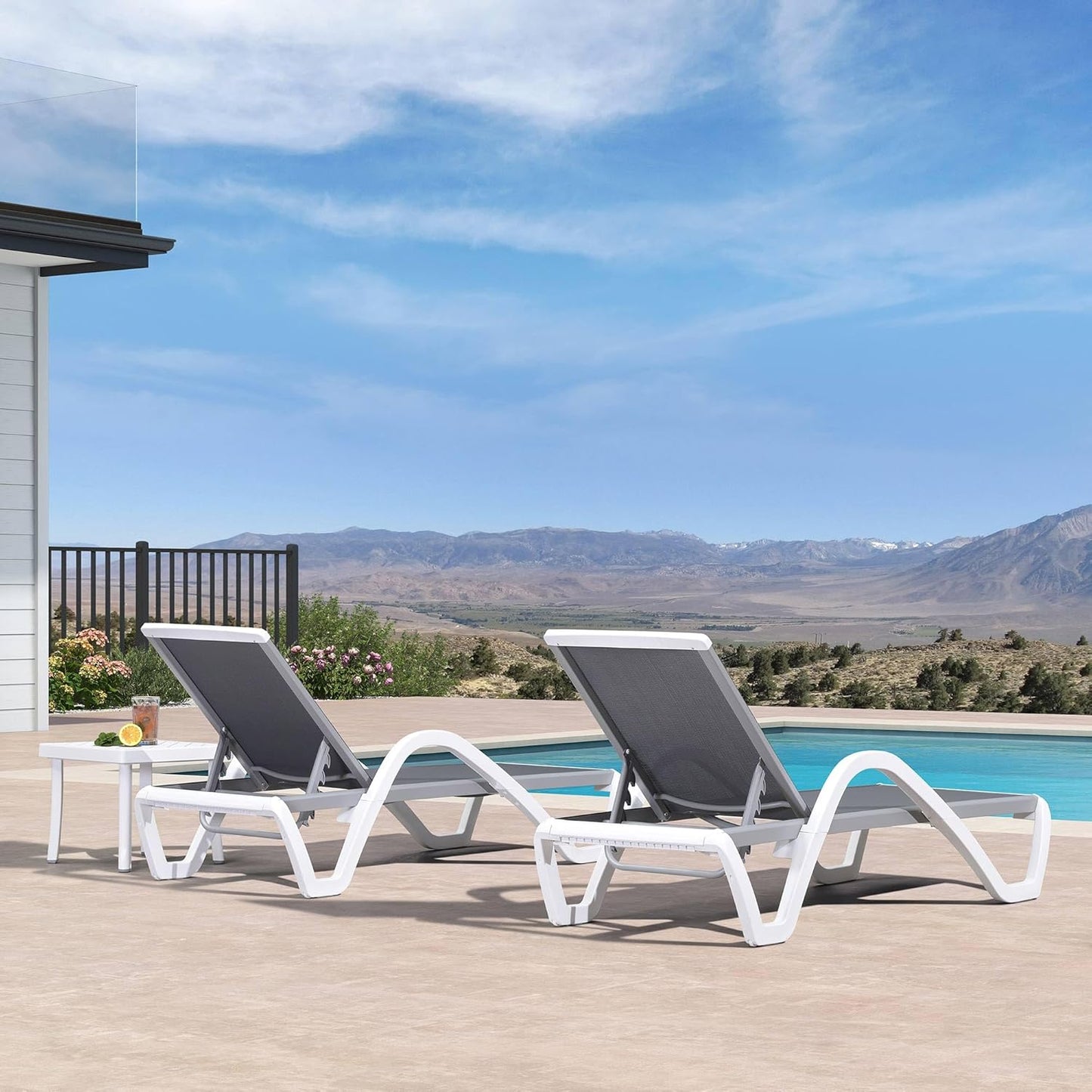 PURPLE LEAF Patio Chaise Lounge Chair Set of 3 Outside Aluminum Plastic Stackable Tanning Chairs with Armrests and Side Table for Pool Sunbathing Beach Deck Outdoor Lounger, Light Gray