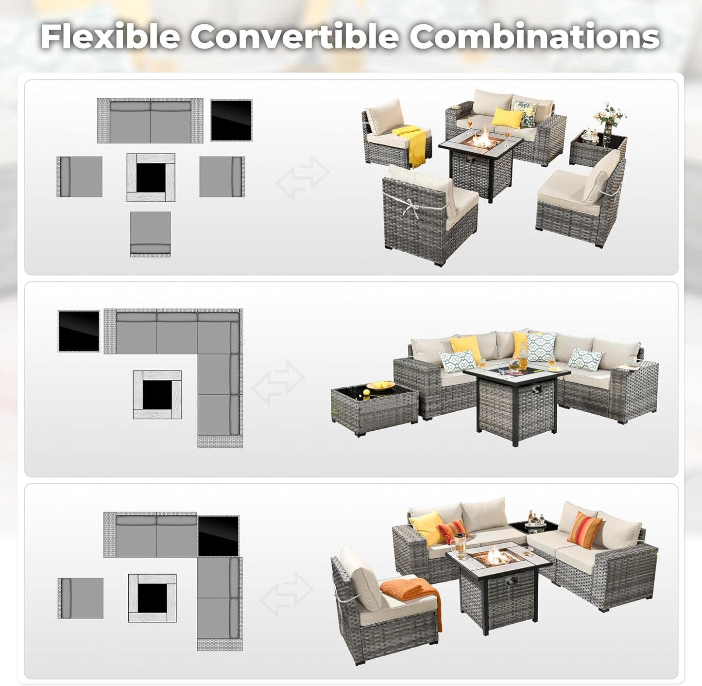 ovios 7 Pieces Patio Furniture Set, Outdoor Wicker Sectional Sofa with 30 Inch Fire Pit Table Comfy Cushions, Modern Modular Deep Seat Rattan Couch Conversation Set, Beige