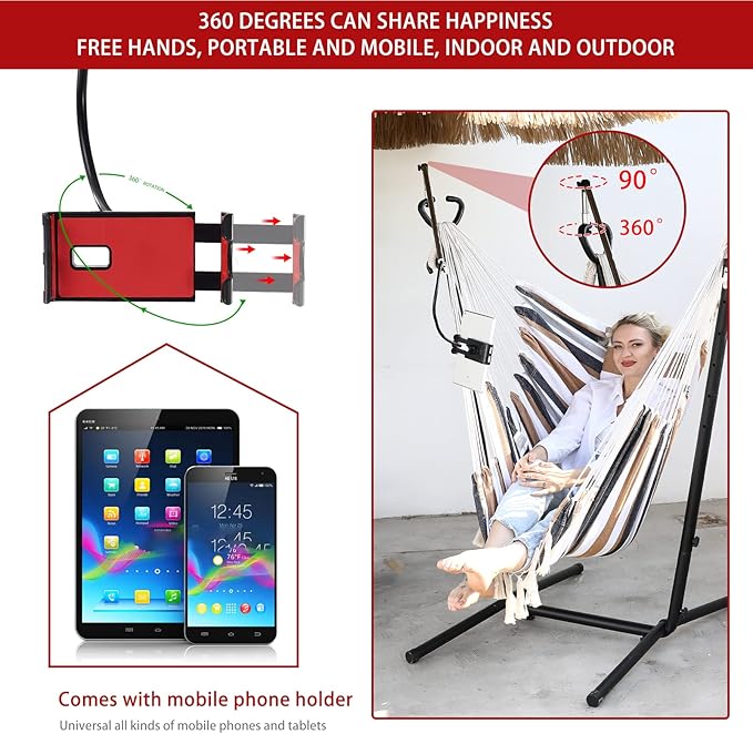 ZEYU Hammock Chair with Stand Double Hammock Chair Bohemian Style with Tassel Mobile Phone Support Manual Adjustable Swing Indoor and Outdoor Garden Porch with Floor mat Reclining Capacity 400 pounds