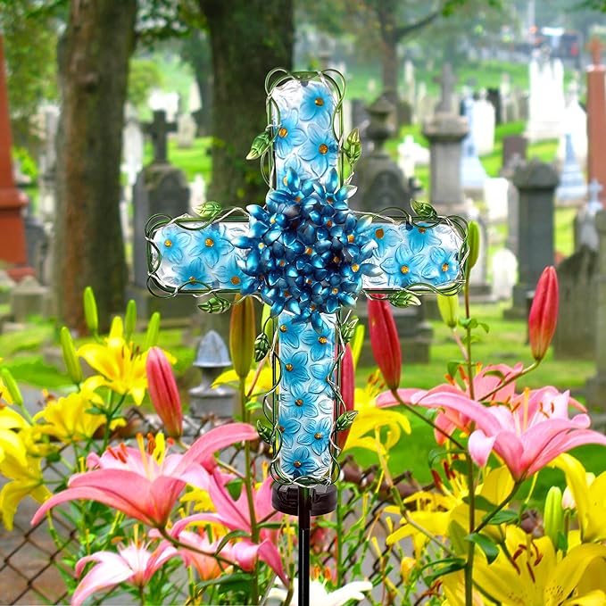Solar Cross Garden Lights Outdoor Decorative - Solar Metal&Glass Cross Blue Hydrangea Flower Stake Lights- Waterproof 20 Warm White LED for Remembrance Gifts