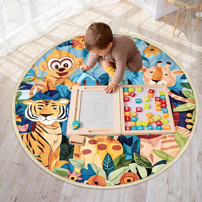 Baby Play Mat Round for Floor, GFU Non-Slip 40x40 Round Mat, Thick One-Piece Crawling Mat Animals, Infants Playmat Foldable and Machine Washable for Boys and Girls